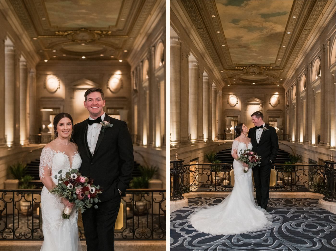 Bride and groom pose for wedding photos inside their hotel lobby in Chicago