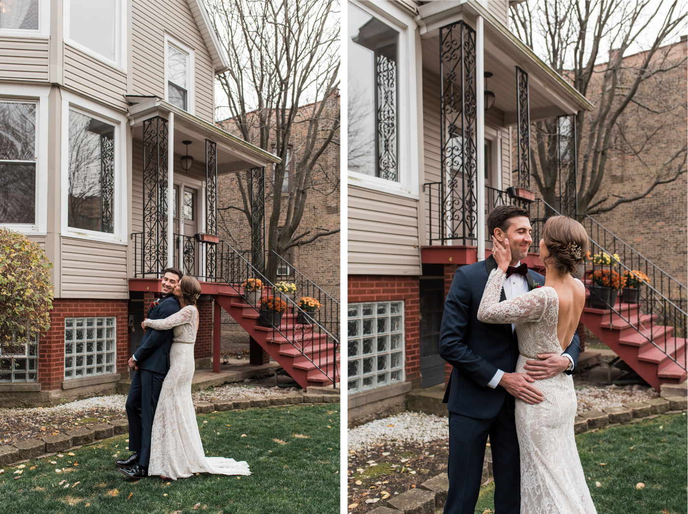 Bride and Groom have first look in front of their home