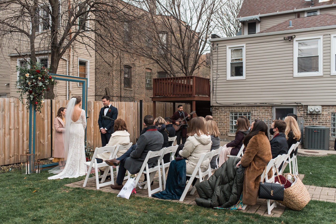 An outdoor winter wedding in a Chicago backyard