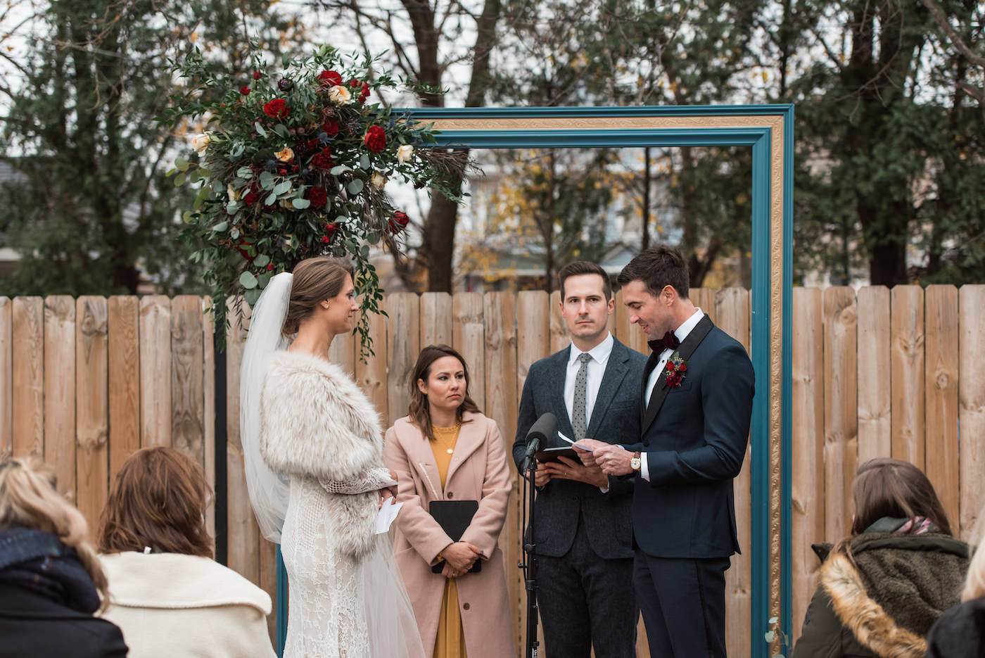 Couple exchanges vows during their outdoor ceremony