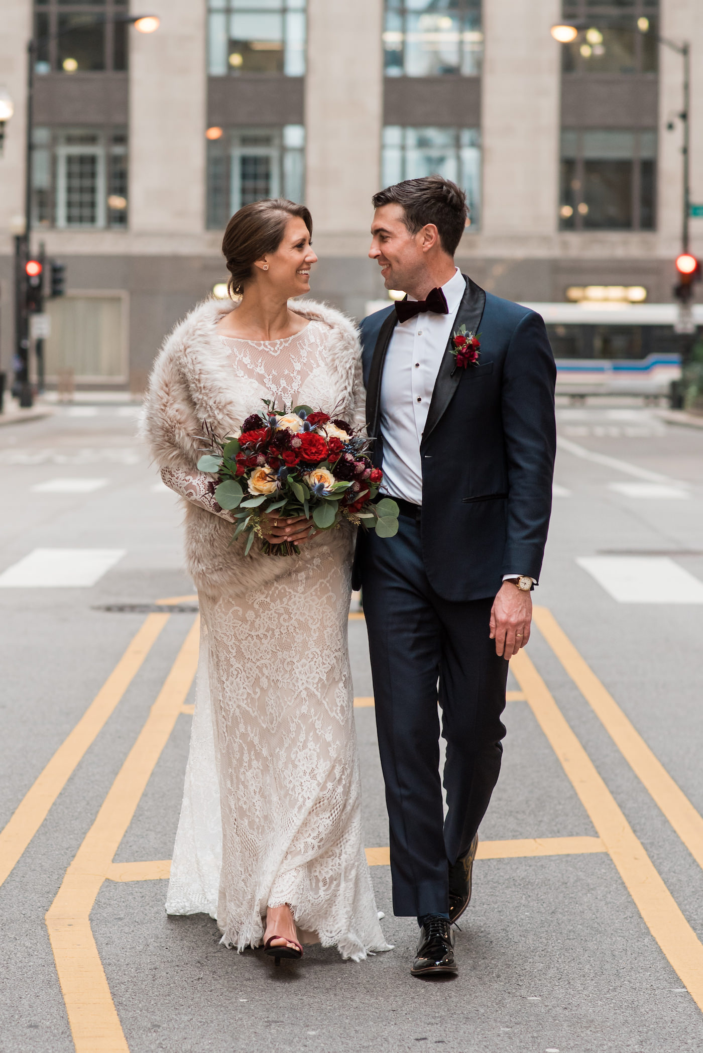 Bride and Groom in front of Chicago's Board of Trade building