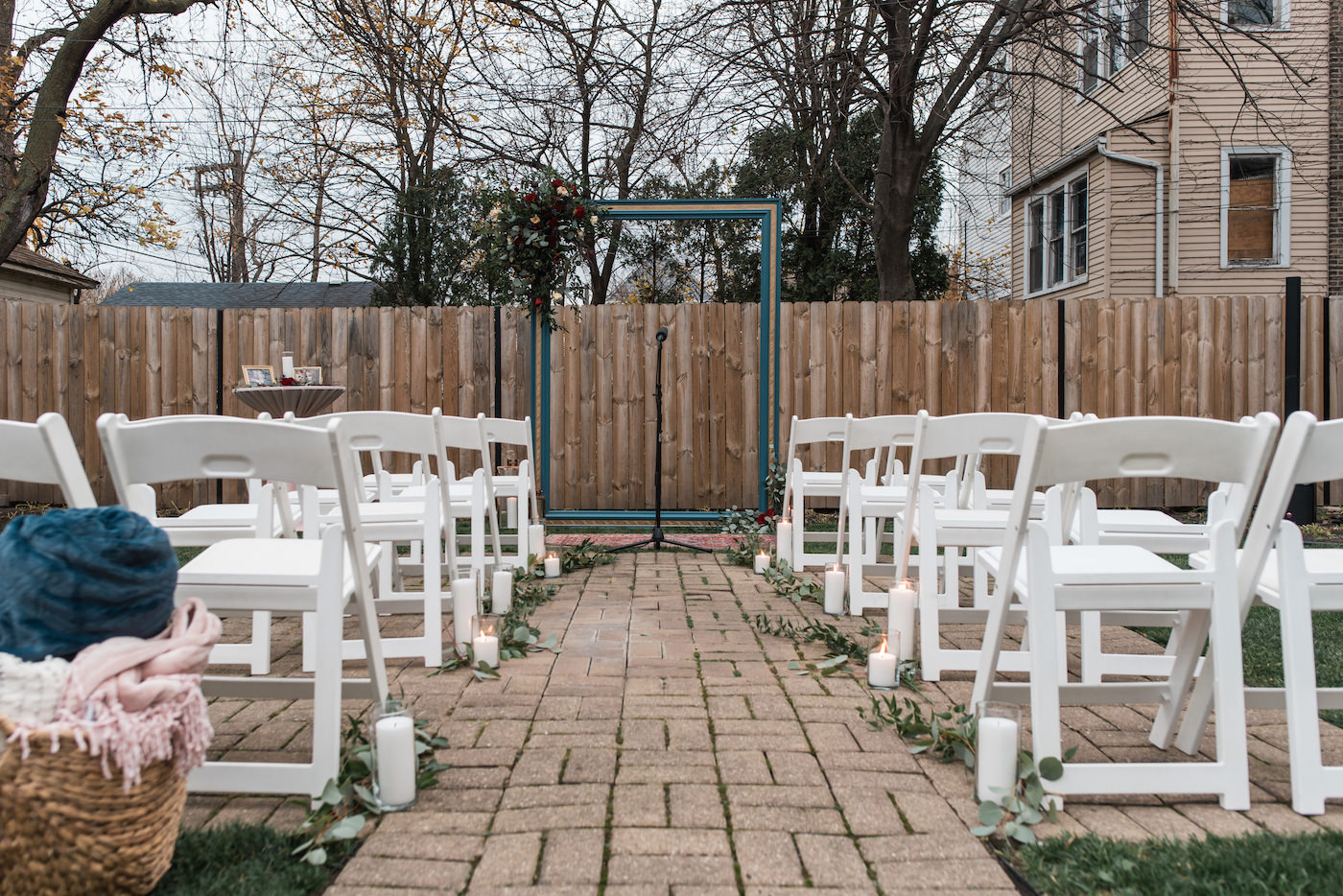 Outdoor winter wedding ceremony in a Chicago couple's backyard