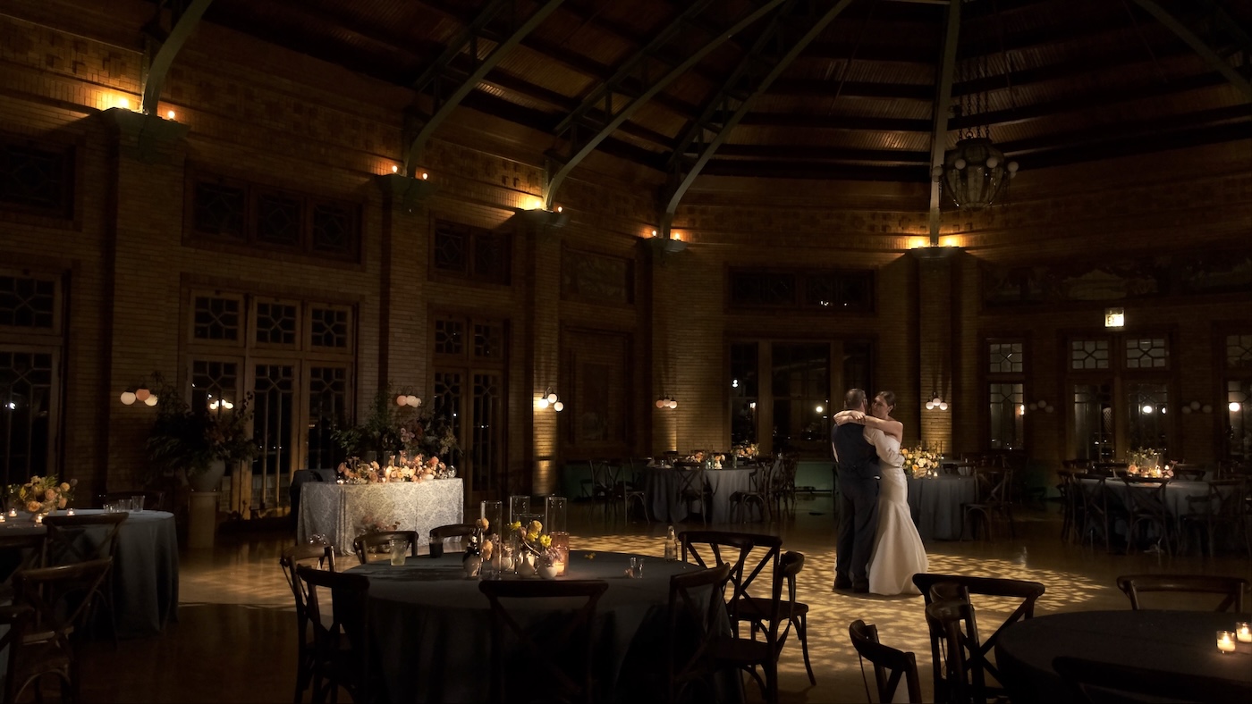 Bride and Groom have a private last dance on their wedding day inside Cafe Brauer in Chicago